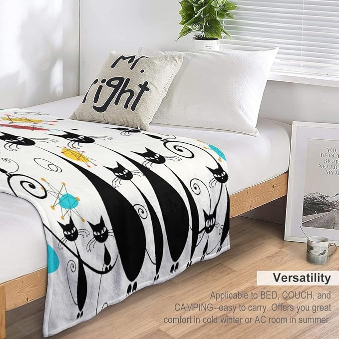 Mid Century Modern Throw Blanket, Atomic Black Cat Starbursts Iconic Sputnik Retro Abstract Geometric 1950s 1960s Throw for Adults Kids Pet, Beige Black 30"x40"