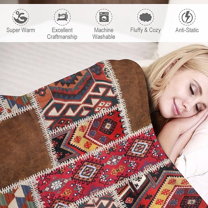Southwest Aztec Throw Blanket, Native Bohemian Retro Patchwork Traditional Geometric Soft Flannel Blanket Warm Blankets for All Seasons, Bed Couch Sofa 30"x40"