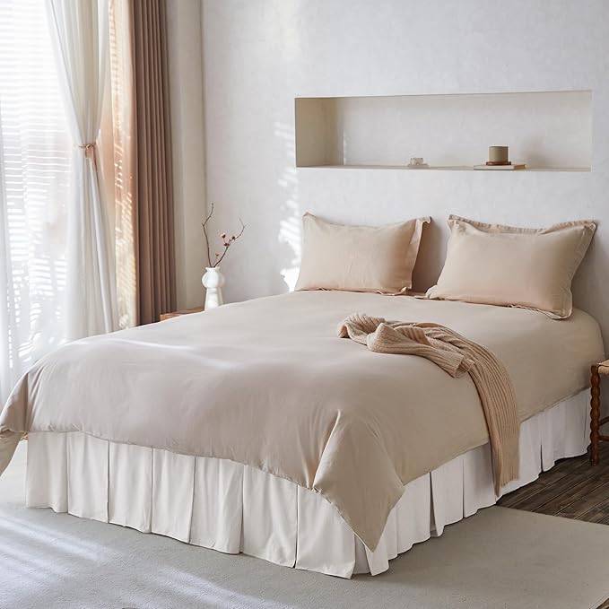 BISELINA French Linen Pleated Bed Skirt, 18" Tailored Draped Natural Linen-Cotton Blend Basic Dust Border Soft Comfort Farmhouse Bedding (18" Queen, White)