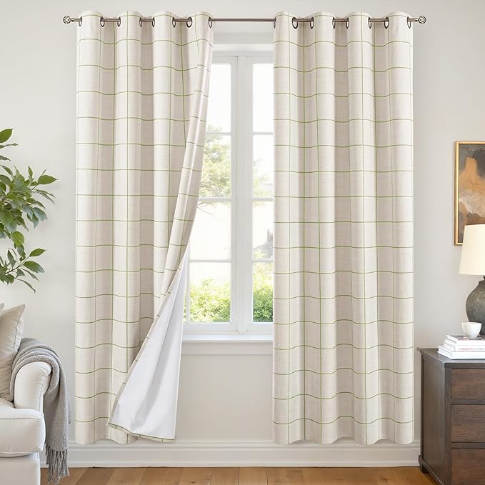 Sage Green Linen Blackout Curtains for Living Room - Plaid Patterned Curtains 72 Inch Long, Boho Black Out Thermal Insulated Drapes for Bedroom Grommet Style 52x72 Inch 2 Panels
