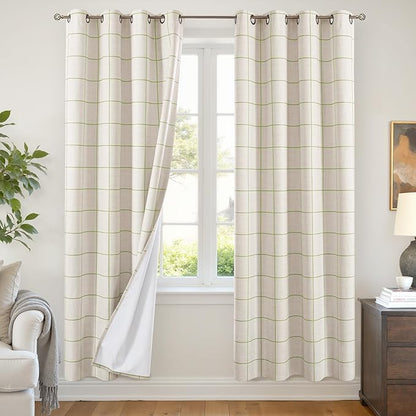 Sage Green Linen Blackout Curtains for Living Room - Plaid Patterned Curtains 72 Inch Long, Boho Black Out Thermal Insulated Drapes for Bedroom Grommet Style 52x72 Inch 2 Panels