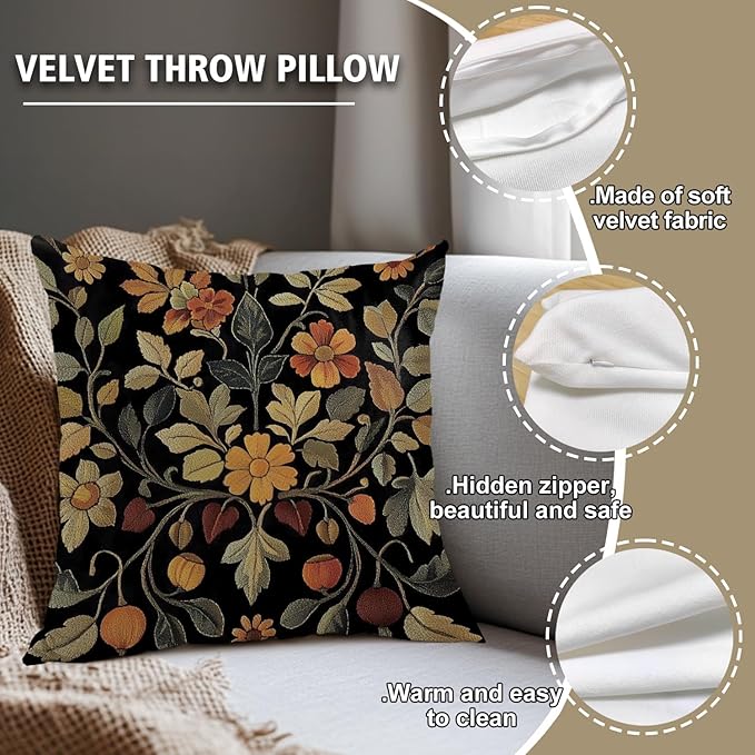 William Morris Abstract Vintage Print Floral Velvet Design Throw Pillow Covers Home Decor, Retro Art Deco Pillowcase Cushion Cover for Bed Sofa Living Room, Square 18x18inch (Black-Floral2)