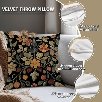 William Morris Abstract Vintage Print Floral Velvet Design Throw Pillow Covers Home Decor, Retro Art Deco Pillowcase Cushion Cover for Bed Sofa Living Room, Square 18x18inch (Black-Floral2)