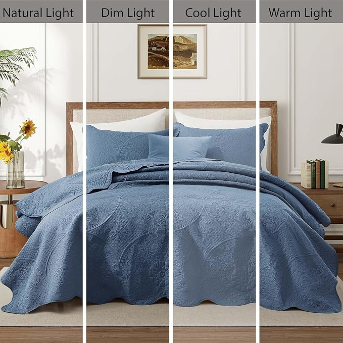 IR Imperial Rooms 8 Pack Quilt King Size Bedding (106" x 96") - Bulk Wholesale for Hotels, Guest Bedroom & Airbnbs - Lightweight Microfiber Reversible Floral Embossed Quilts Bedspreads (Light Blue)