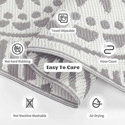 Ileading Outdoor Plastic Straw Rug 8x10ft Modern Geometric Style Reversible Patio Area Rugs Waterproof Non Shedding Portable Carpets for Rv Outside Deck Pool Beach Picnic Camping (Grey)