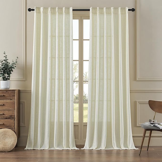 MASWOND Pinch Pleated Linen Curtains 90 Inches Long 2 Panels for Living Room Semi Sheer Curtains Pinch Pleat Drapes for Traverse Rod Light Filtering Curtains for Dining W38xL90 Length