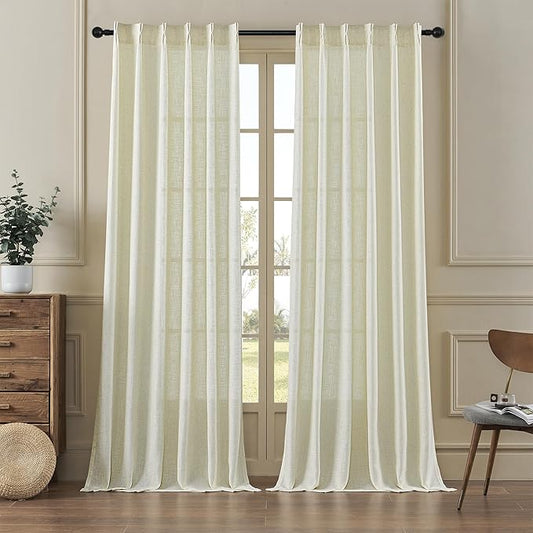 MASWOND Pinch Pleated Linen Curtains 90 Inches Long 2 Panels for Living Room Semi Sheer Curtains Pinch Pleat Drapes for Traverse Rod Light Filtering Curtains for Dining W38xL90 Length