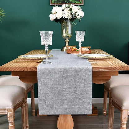 NEWISHER Farmhouse Rustic Table Runner Solid Grey Rectangular Table Runners Faux Linen Table Runner for Everyday Use Kitchen Dining Party Table 13x90 Inch