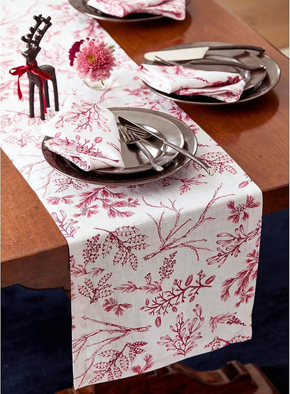 Solino Home 100% Pure Linen Christmas Table Runner 132 Inches Long - Red/White Table Runner 14 x 132 Inch - Handcrafted and Machine Washable - Winter Forest Print