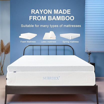 Subrtex 3 Inch Mattress Topper Cover (Only Cover) Mattress Topper Protector Bedding Rayon Made from Bamboo Removable Mattress Encasement with Zippers, Full