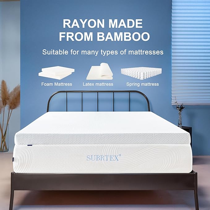 Subrtex Mattress Topper Cover (Only Cover) Mattress Protector Bedding Rayon Made from Bamboo Removable Mattress Encasement Mattress Cover with Zipper (4 Inch, White, Full)