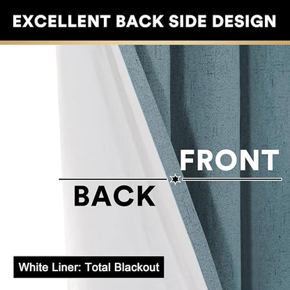 PrinceDeco 100% Blackout Curtains 108 inches Long Linen Blackout Curtains for Bedroom Living Room Black Out Darkening Curtain Thermal Insulated Anti-Rust Grommet Set of 2(52x108 inch,Stone Blue)