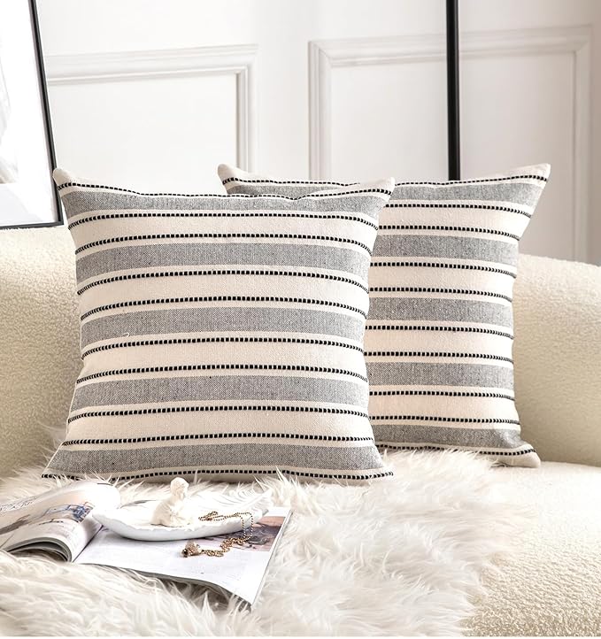 Decorative Boho Throw Pillow Covers, Farmhouse Textured Pillow Case, 18 x 18 Inch Set of 2, Chair Sofa Bedroom Living Room Home Decor Couch Cushion Case, Black and Beige Striped