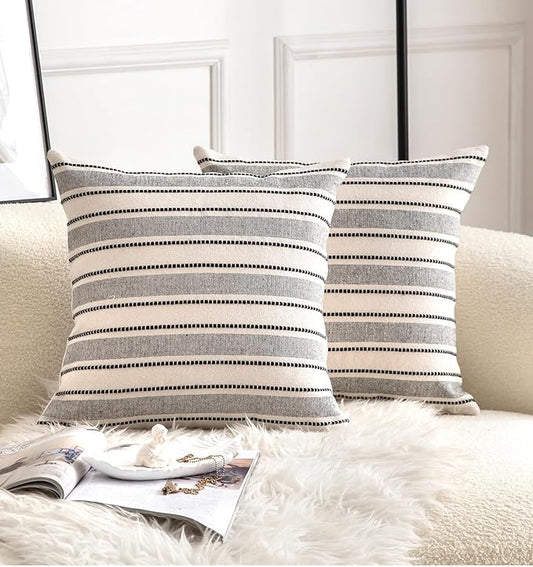 Decorative Boho Throw Pillow Covers, Farmhouse Textured Pillow Case, 20 x 20 Inch Set of 2, Chair Sofa Bedroom Living Room Home Decor Couch Cushion Case, Black and Beige Striped