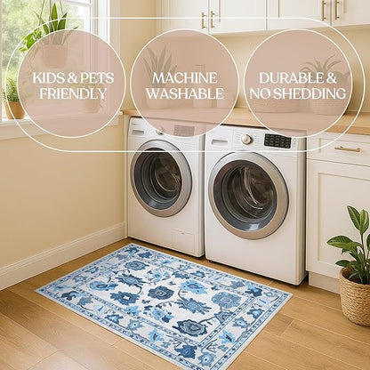 Fame Living Navy Blue Oushak Runner Rug, Modern Runners, Turkish, Eclectic, Floral, Pastel, Washable, Small Rugs, Short Runner for Hallway, Entryway, Laundry, Bedroom, Kitchen, Bathroom, 2'5"x6'5"