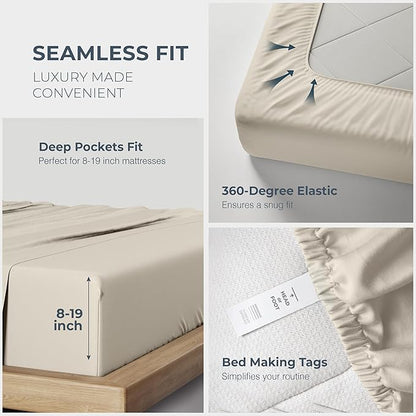 THREAD SPREAD 100% Egyptian Cotton King Size Sheets Set - Luxury 1500 Thread Count Egyptian Cotton Sheets King Size, 17" Deep Pocket, Soft, Cooling Sateen Weave Hotel Quality Bedding Set - Beige