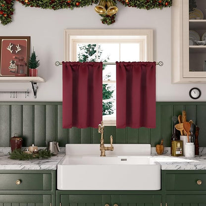 BGment Short Burgundy Blackout Curtains 36 Inches Length for Kitchen Window Over Sink - Half Window Drapes with Rod Pocket Privacy for Cafe Bathroom, 34 x 36 Inch, 2 Panels