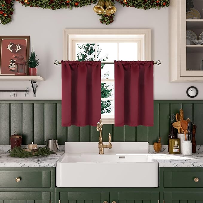 BGment Burgundy Cafe Curtains for Christmas Decor - Small Half Drapes with Rod Pocket Thermal Insulated Privacy for Bathroom Kitchen Windows Over Sink, 29 x 24 Inch, 2 Panels