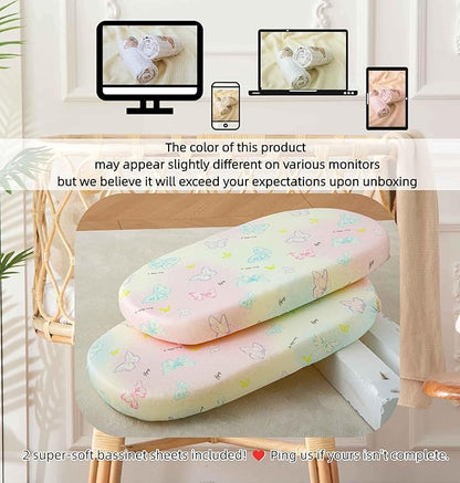 Jersey Butterfly Bassinet Sheets for Baby Girls,32 "x 16 "x 4", 2 Pack,Pink Cute Kawaii Standard Oval/Retangle Fitted Bassinet Sheets for Toddler,Super Soft Breathable