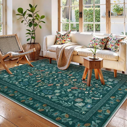 Lahome Floral Washable Rugs 5x7, Non-Slip Ultra-Thin Soft Green Area Rug Bedroom Carpet, Vintage Botanical Print Low-Pile Carpet for Living Room Kitchen Office, Dark Green