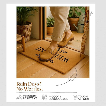 Coir Door Mats 17" X 30", Non-Slip Sturdy, PVC Backed Heavy Duty, Easy to Clean, Ideal for Door Entrance, Patio, Porch, Backyard, Garages, Welcome Floral Border