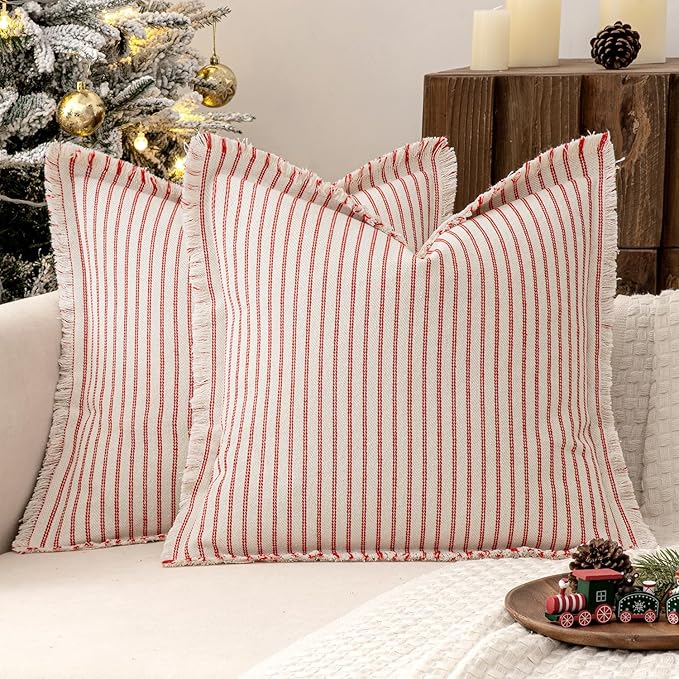MIULEE Pack of 2 Christmas Red Pillow Covers 26x26 Inch Striped Farmhouse Couch Throw Pillow Covers with Fringe Chic Linen Decorative Cushion Eruo Sham for Sofa Living Room Bed Outdoor Home Decor