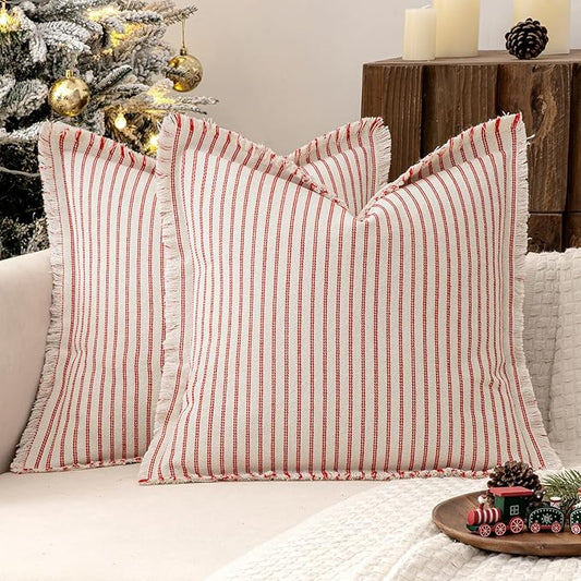 MIULEE Pack of 2 Christmas Red Pillow Covers 26x26 Inch Striped Farmhouse Couch Throw Pillow Covers with Fringe Chic Linen Decorative Cushion Eruo Sham for Sofa Living Room Bed Outdoor Home Decor