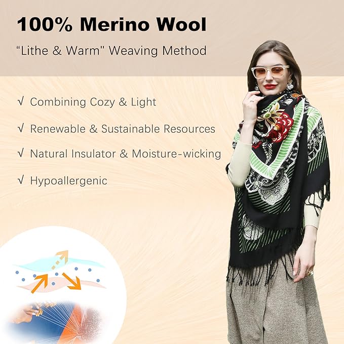 DANA XU 100% Merino Wool Extra Large Pashmina Blanket Travel Scarf Cashmere Wrap for Women Fall Winter Oversize Shawl Floral