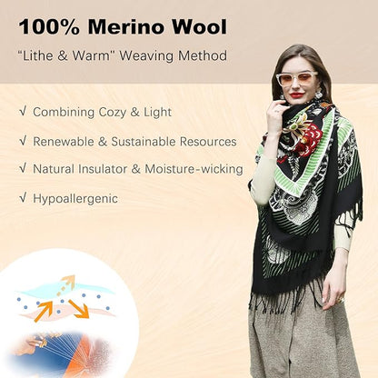 DANA XU 100% Merino Wool Extra Large Pashmina Blanket Travel Scarf Cashmere Wrap for Women Fall Winter Oversize Shawl Floral
