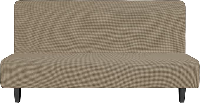 Easy-Going Stretch Futon Slipcover Armless Futon Bed Cover Furniture Protector Without Armrests with Elastic Bottom for Kids, Soft Jacquard Fabric Small Checks (Large, Natural)