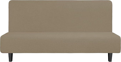 Easy-Going Stretch Futon Slipcover Armless Futon Bed Cover Furniture Protector Without Armrests with Elastic Bottom for Kids, Soft Jacquard Fabric Small Checks (Large, Natural)
