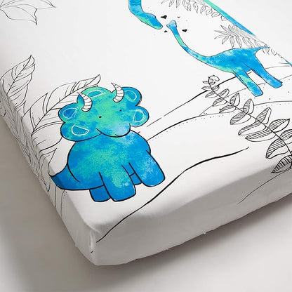 JumpOff Jo - Fitted Crib Sheet, Super Soft Breathable 100% Cotton Baby Crib Sheet for Standard Crib Mattresses and Toddler Beds, 28 in. x 52 in. - Blue Dinosaur