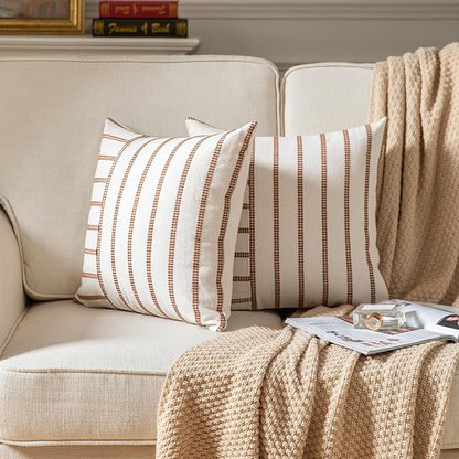 Caflife Boho Throw Pillow Covers 20x20 Set of 2 Soft Farmhouse Decorative Couch Pillow Cases Brown Striped Pillow Covers Neutral Cushion Covers for Sofa Bed Living Room Home Decor