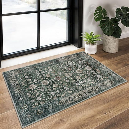 KUTA Vintage Floral Entryway Rug 2x3, Kitchen Rugs Non-Slip Washable Throw Rug, Dark Green Ultra Thin Soft Print Front Door Mat Indoor Doormat for Entrance, Bedside, or Small Spaces