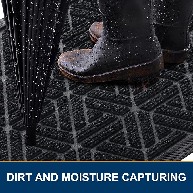Smiry Front Door Mat Outside Entrance, Heavy Duty Sturdy Natural Rubber Doormat, Trap Dirt and Moisture, Easy Clean Low Profile Mats for Indoor Outdoor Entry, Grid Geometric (71x24, Black)