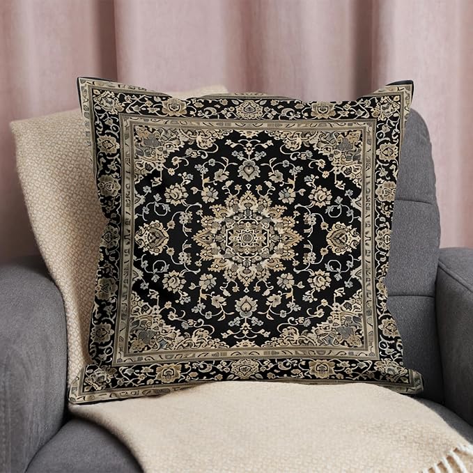 Vintage Boho Floral Print Throw Pillow Cover 18x18 - Brown, Black - Retro Rust Floral Decor Pillowcase | Indoor Outdoor Cushion Case for Sofa Bed Living Room Bedroom Home (Beige&Black, 18x18inch)