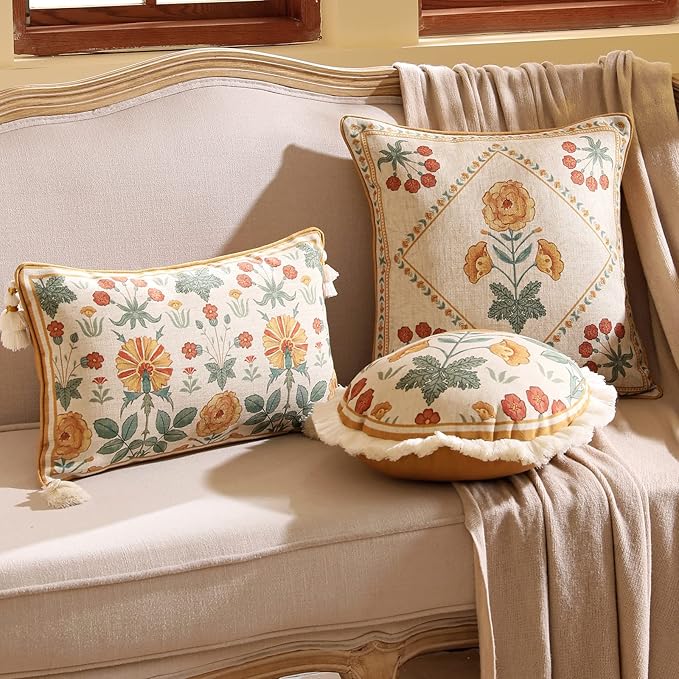 patdrea Designer Throw Pillow Covers for Couch 18"x18",Vintage French Linen Pillows Cover with Daisy Floral Pattern,Beige Luxury Farmhouse Decorative Square Cushion for Bed,Living Room,Outdoor,Car