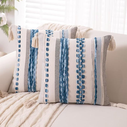 Boho Throw Pillow Covers 18x18 Set of 2 Woven Tufted Farmhouse Pillows Cover with Tassels Textured Striped Cushion Case Neutral Pillow Cases Decorative Pillowcase for Couch Bed,Sky Blue