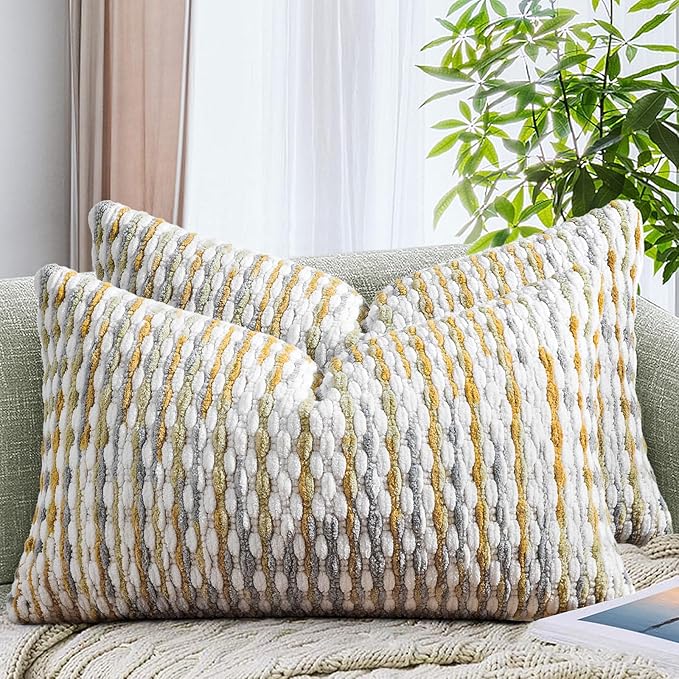 AmHoo Set of 2 Boho Chenille Pillow Cover Decorative Tufted Pillowcase for Couch Bed Sofa Bedroom Living Room Modern 12 x 20-Inch Grey
