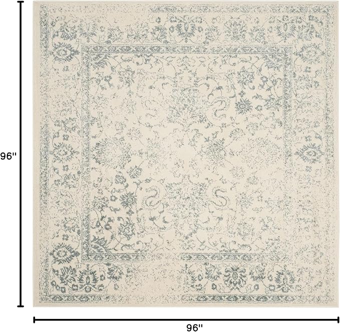 SAFAVIEH Adirondack Collection Area Rug - 8' Square, Ivory & Slate, Distressed Vintage Floral Design, Non-Shedding & Easy to Clean, Ideal for Living Room, Bedroom, Dining Space (ADR109S)