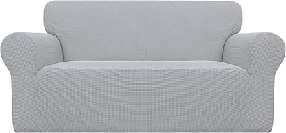 Easy-Going Stretch Loveseat Slipcover 1-Piece Sofa Cover Furniture Protector Couch Soft with Elastic Bottom for Kids Polyester Spandex Jacquard Fabric Small Checks (Loveseat, Silver Gray)