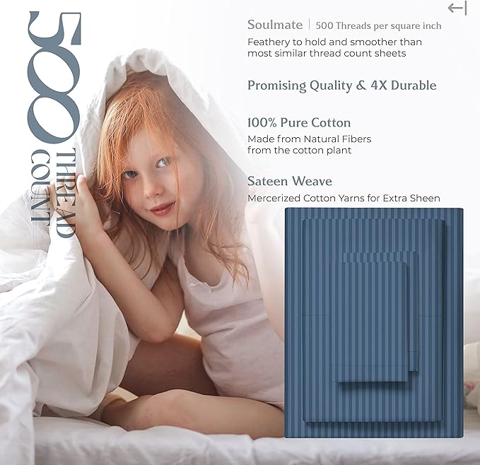 Mayfair Linen 100% Cotton Striped Sheets California King Size Bed Set - 500 Thread Count Damask Sheets Cal King Size 4 PC Set (Light Blue Stripe), Soft, Cooling, Sateen Weave 16" Deep Pocket Bedsheet