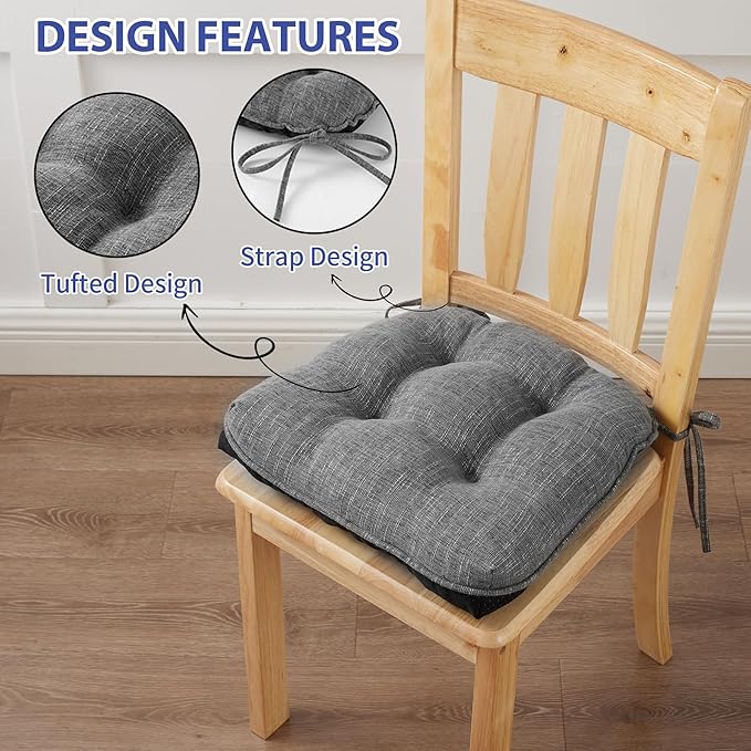 Chair Cushions for Dining Chairs Set of 6, Kitchen Chair Cushions, Chair Pads with Ties and Non Slip Backing, Tufted Memory Foam Seat Cushion 6 Pack, 15.5" x 15.5" x 4", Dark Gray