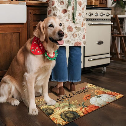 Fall Pumpkin Welcome Door Mat, Autumn Thanksgiving Welcome Front Door Mat Indoor Outdoor Entrance, Fall Pumpkin Sunflower Artificial Coir Doormats Rugs for Porch Entryway Decor 30x17in