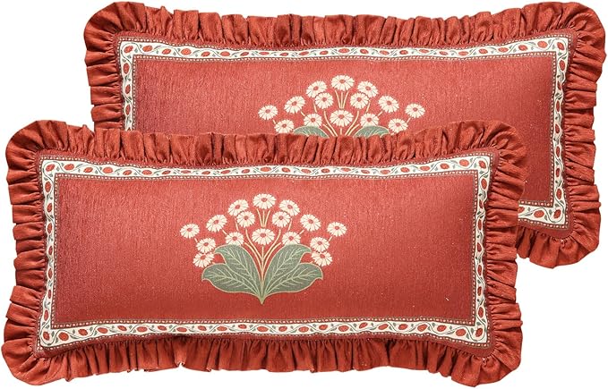 Vintage Rectangle Throw Pillow Covers Pack of 2,Red Cozy Velvet with Leaves and Floral Pattern Pillowcases,Decor Longer Lumbar Pillows Cushion Covers for Living Room Couch Sofa Bed,12"x28"