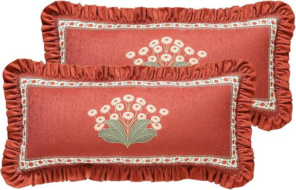 Vintage Rectangle Throw Pillow Covers Pack of 2,Red Cozy Velvet with Leaves and Floral Pattern Pillowcases,Decor Longer Lumbar Pillows Cushion Covers for Living Room Couch Sofa Bed,12"x28"