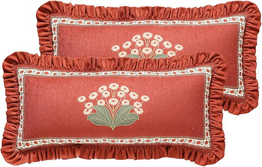 Vintage Rectangle Throw Pillow Covers Pack of 2,Red Cozy Velvet with Leaves and Floral Pattern Pillowcases,Decor Longer Lumbar Pillows Cushion Covers for Living Room Couch Sofa Bed,12"x28"