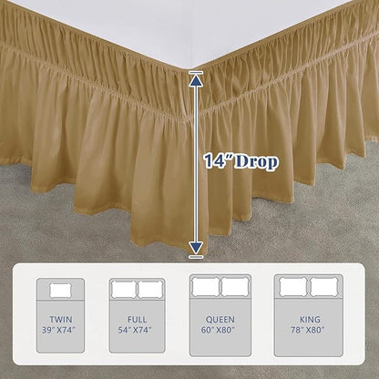 King Bed Skirt, Elastic Wrap Around Bed Skirt King Size, Bed Skirts for Adjustable Bed, Easy Fit with 14" Drop Length Tailored Drop Dust Ruffle (Beige)