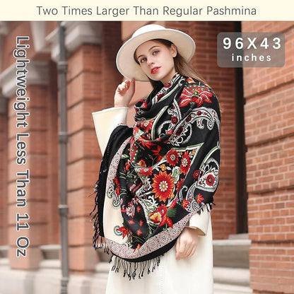 DANA XU 100% Merino Wool Pashmina Shawl for Women 96"x43", Oversized Cashmere Wrap with Tassels, Floral Travel Blanket Cape