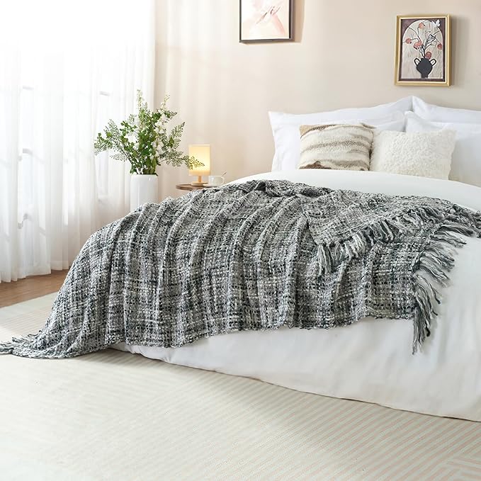 Multi-Color Grey Cable Knitted Throw Blanket for Couch,50"X60" Boho Style Textured Blankets for Home Decor,Super Soft Warm Cozy Chunky Knit Blanket with Decorative Tassels for Bed and Sofa